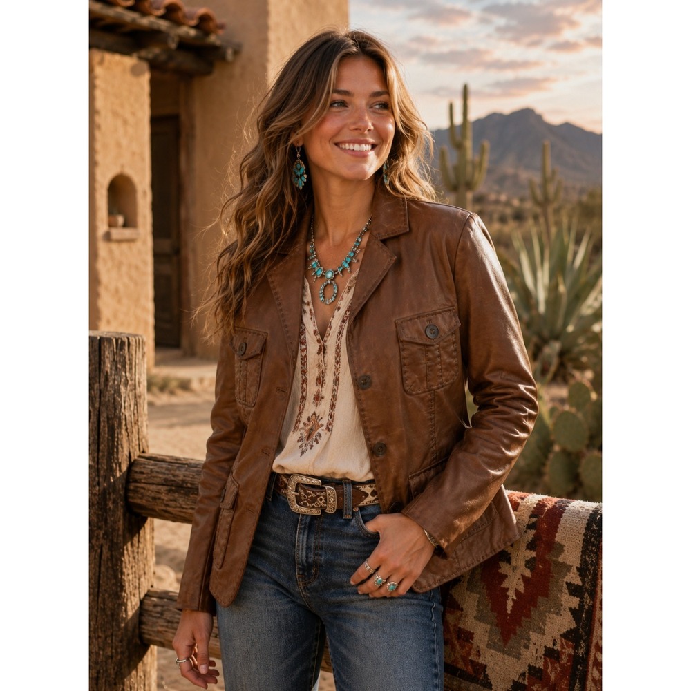SUNDANCE McKenna Leather Blazer Jacket Honey Brown Floral Lining Boho Medium